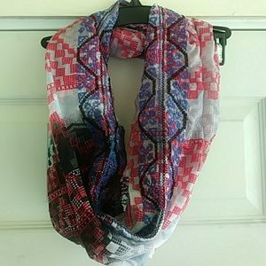 Geometric red grey and blue infinity scarf/cowl